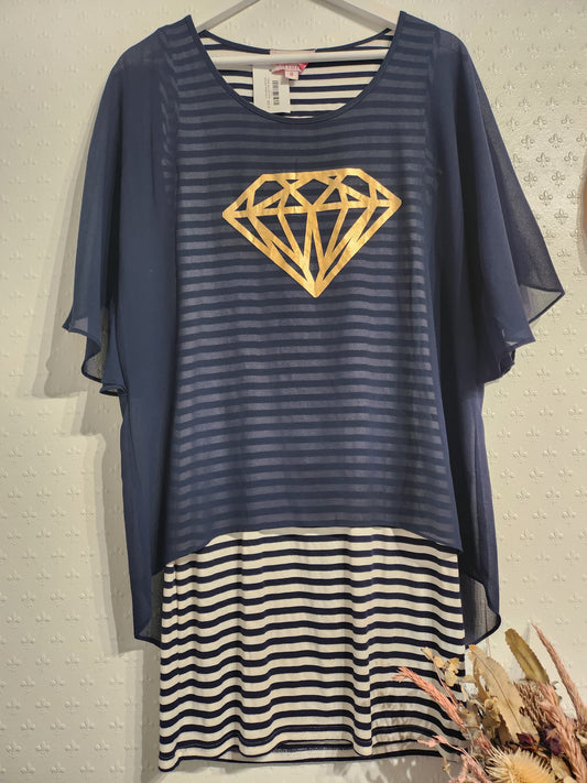 Charlo Navy Blue White And Gold Striped Top - 8