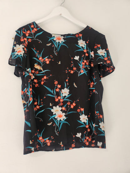 Oasis Black Red Green Floral Sheer Top - 14