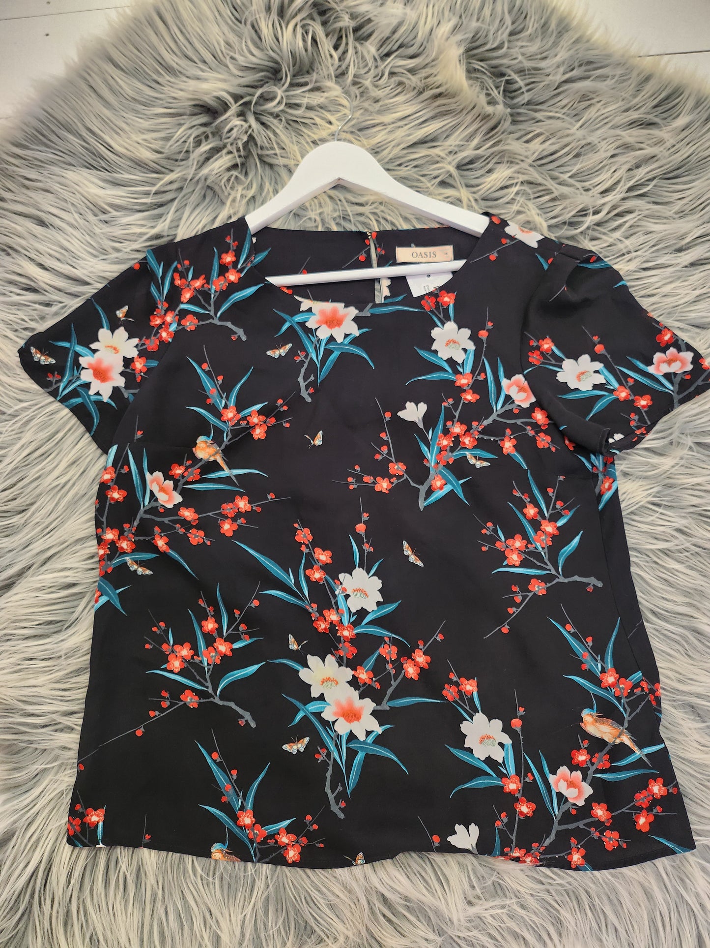 Oasis Black Red Green Floral Sheer Top - 14