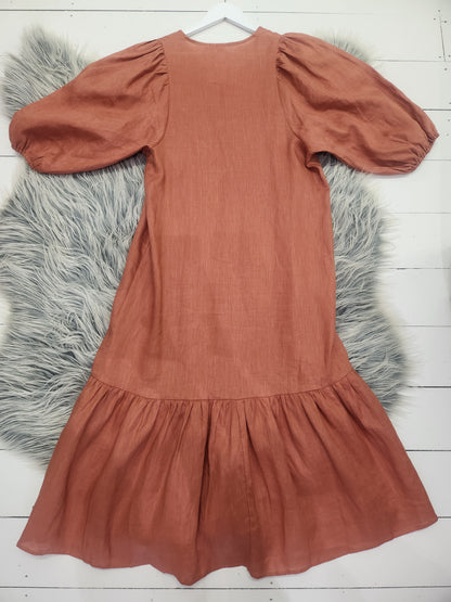 Adorne Burnt Orange Linen Puff Sleeve Midi Dress, 8