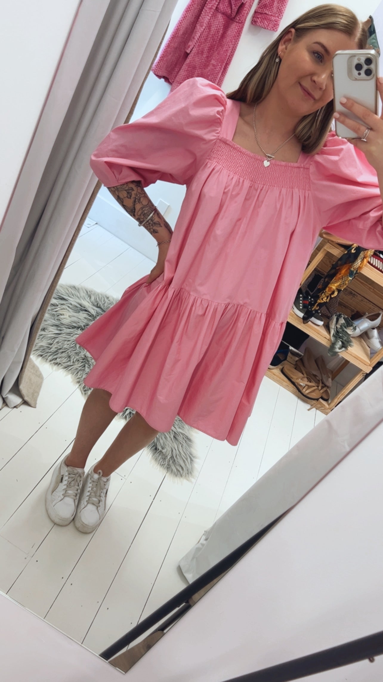 H&M Pink Puff Sleeve Mini Dress, S