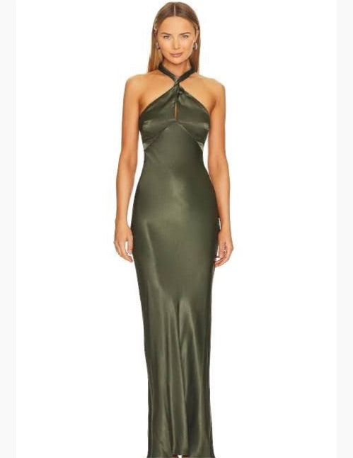 Shona Joy Green Gathered Halter Midi Dress - 10 (BRAND NEW) RRP $250.00