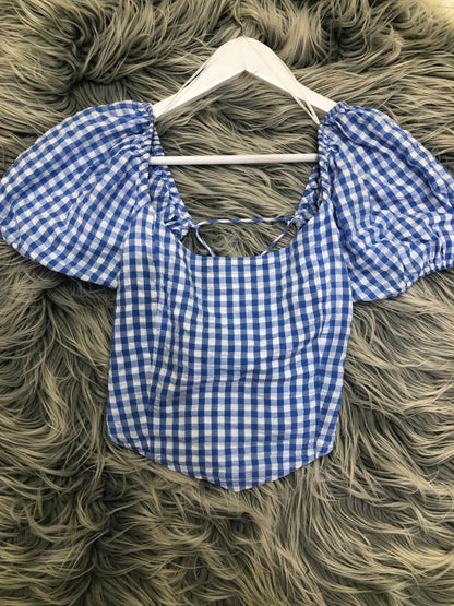 Glassons Blue/White Gingham Puff Sleeve Top, 14