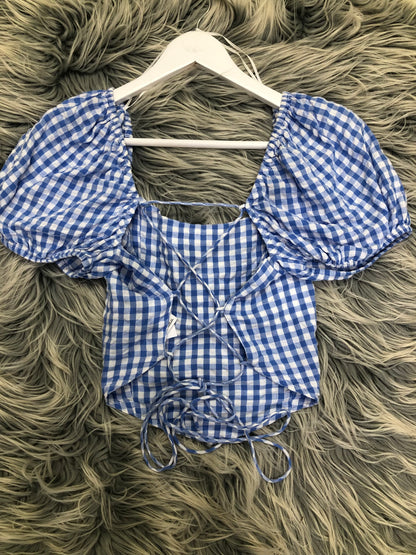 Glassons Blue/White Gingham Puff Sleeve Top, 14