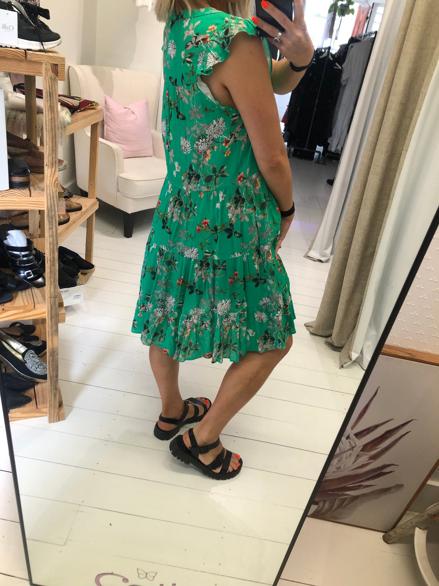 3rd Story Green Floral V Neck Dress, L