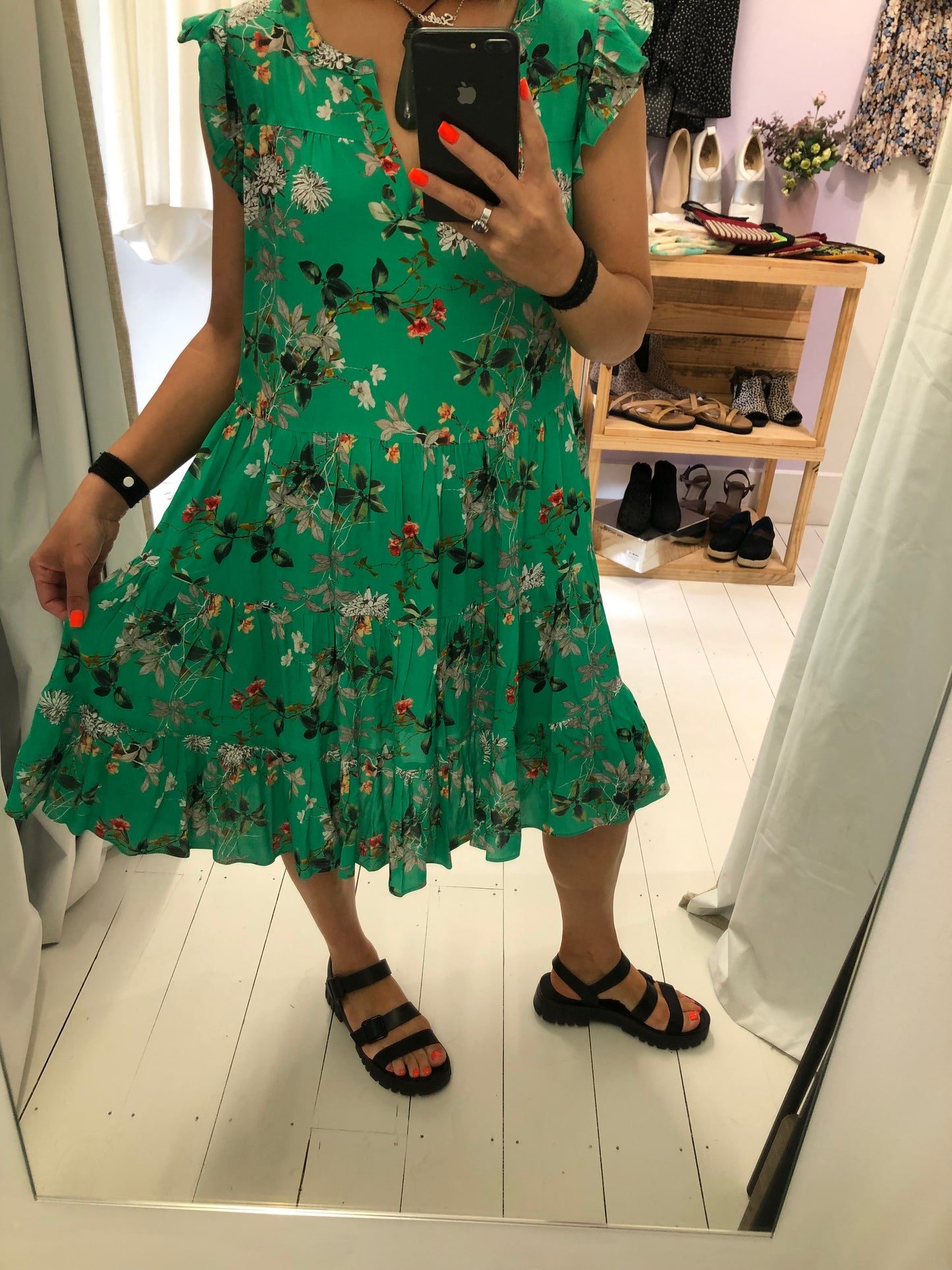 3rd Story Green Floral V Neck Dress, L