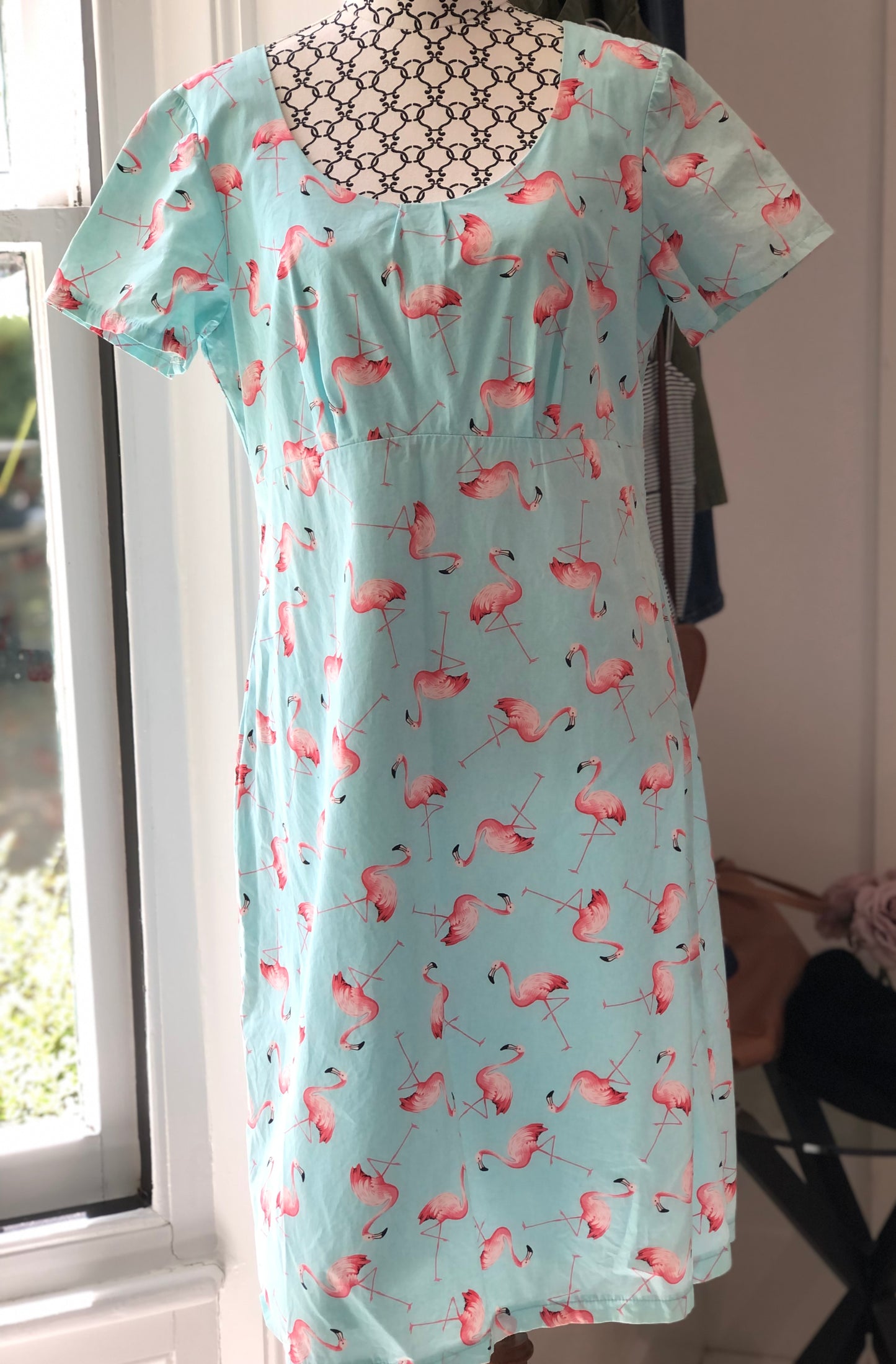 Linda Buick Light Blue Flamingo Mini Dress, 12 NZ Made (Wairarapa)