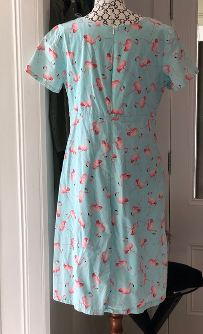 Linda Buick Light Blue Flamingo Mini Dress, 12 NZ Made (Wairarapa)