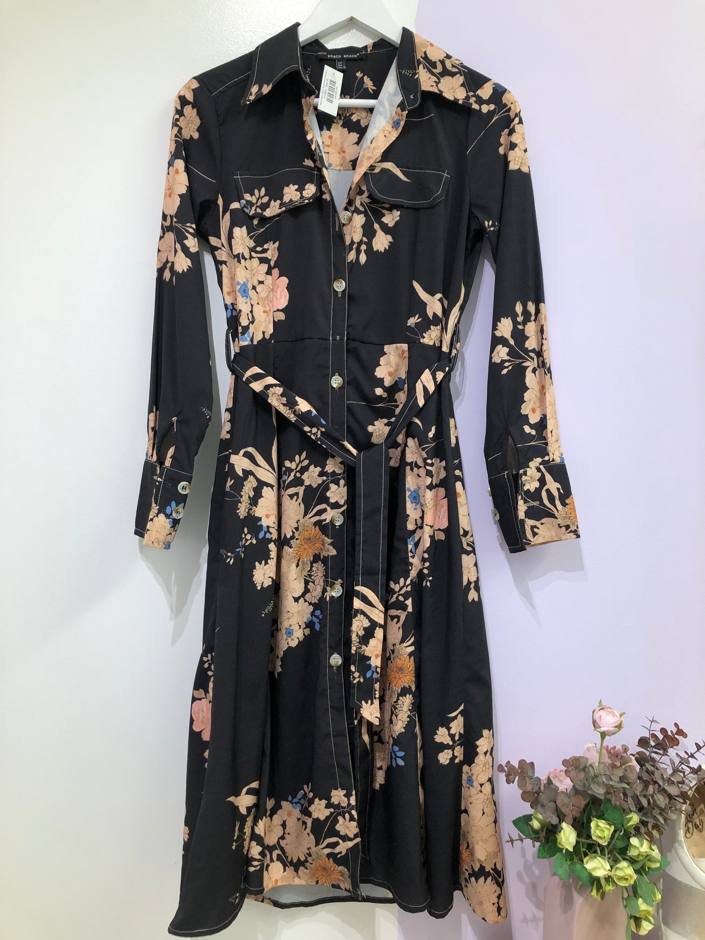 Brach Brach Black Floral Trench Dress, L