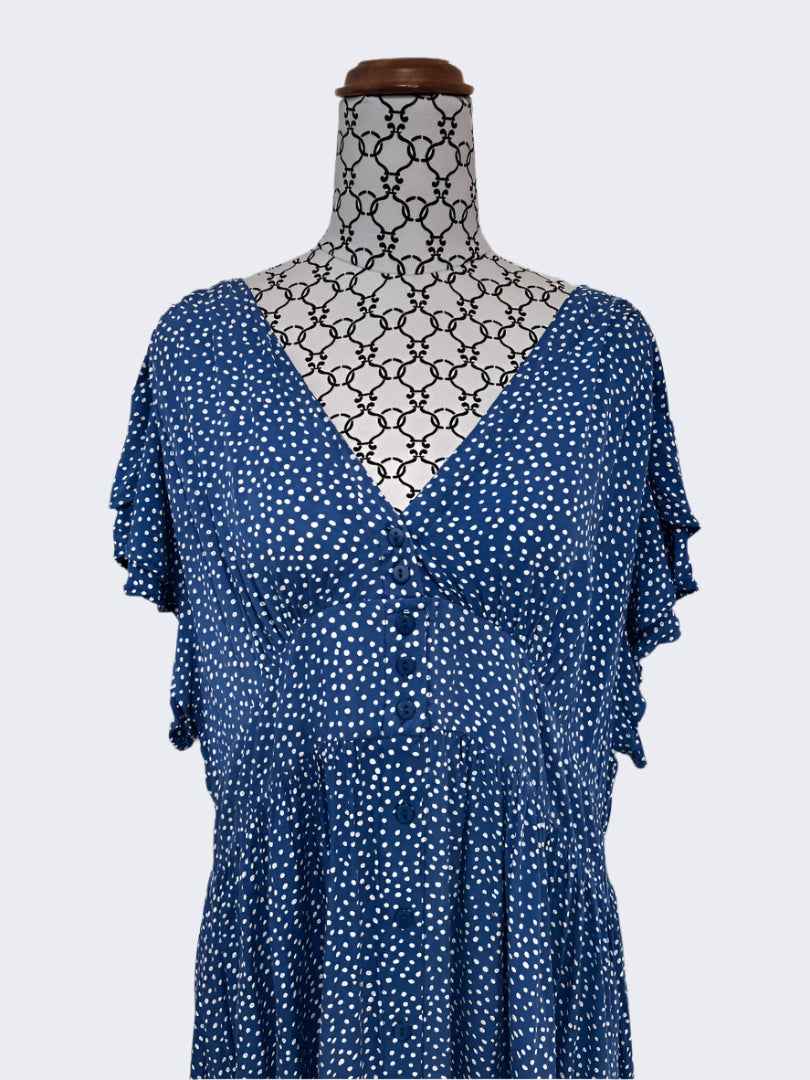 Sunday Boho Blue White Spot Maxi Dress, XXL