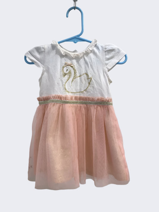 Monsoon White/pink Swan Dress, 6-9 Months