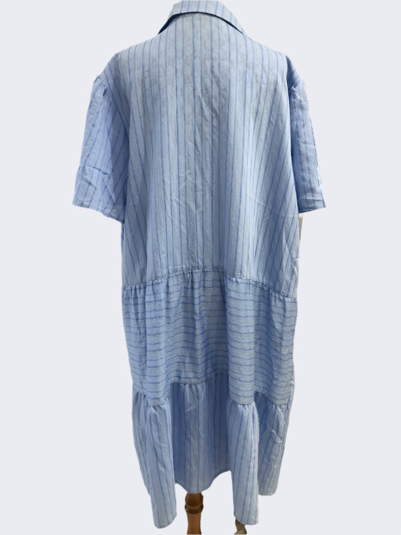 Shine On Label Blue Stripe Collared Tiered Dress, 20