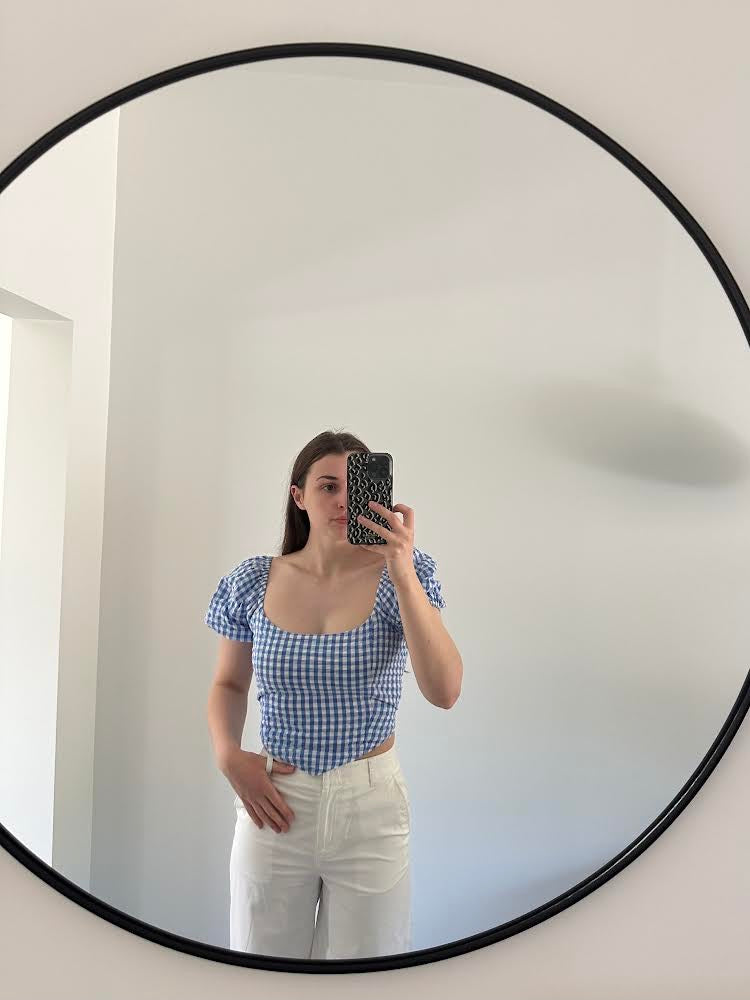 Glassons Blue/White Gingham Puff Sleeve Top, 14