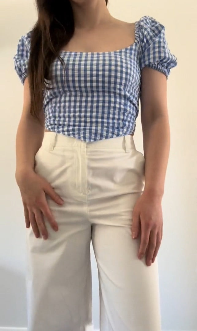 Glassons Blue/White Gingham Puff Sleeve Top, 14