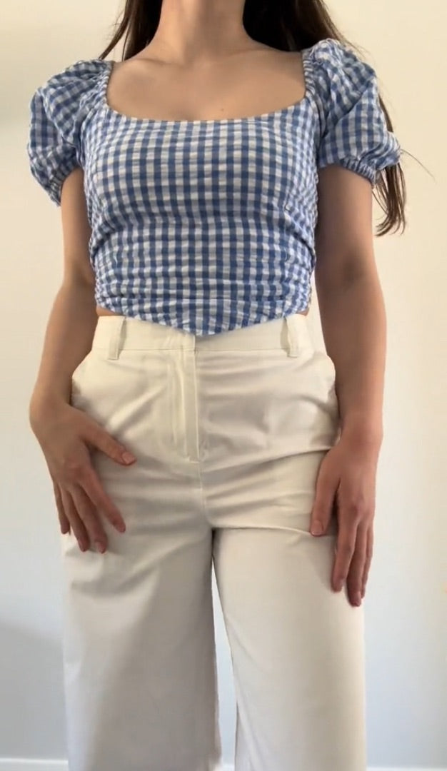 Glassons Blue/White Gingham Puff Sleeve Top, 14