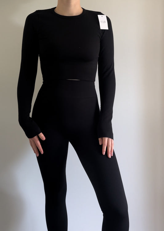 Glassons Black Ribbed Active Top and Leggings, S-M