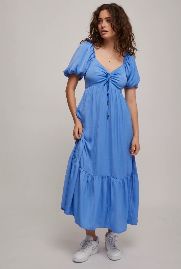 MinkPink Blue Puff Sleeve Tiered Bottom Maxi Dress L (new with tags)